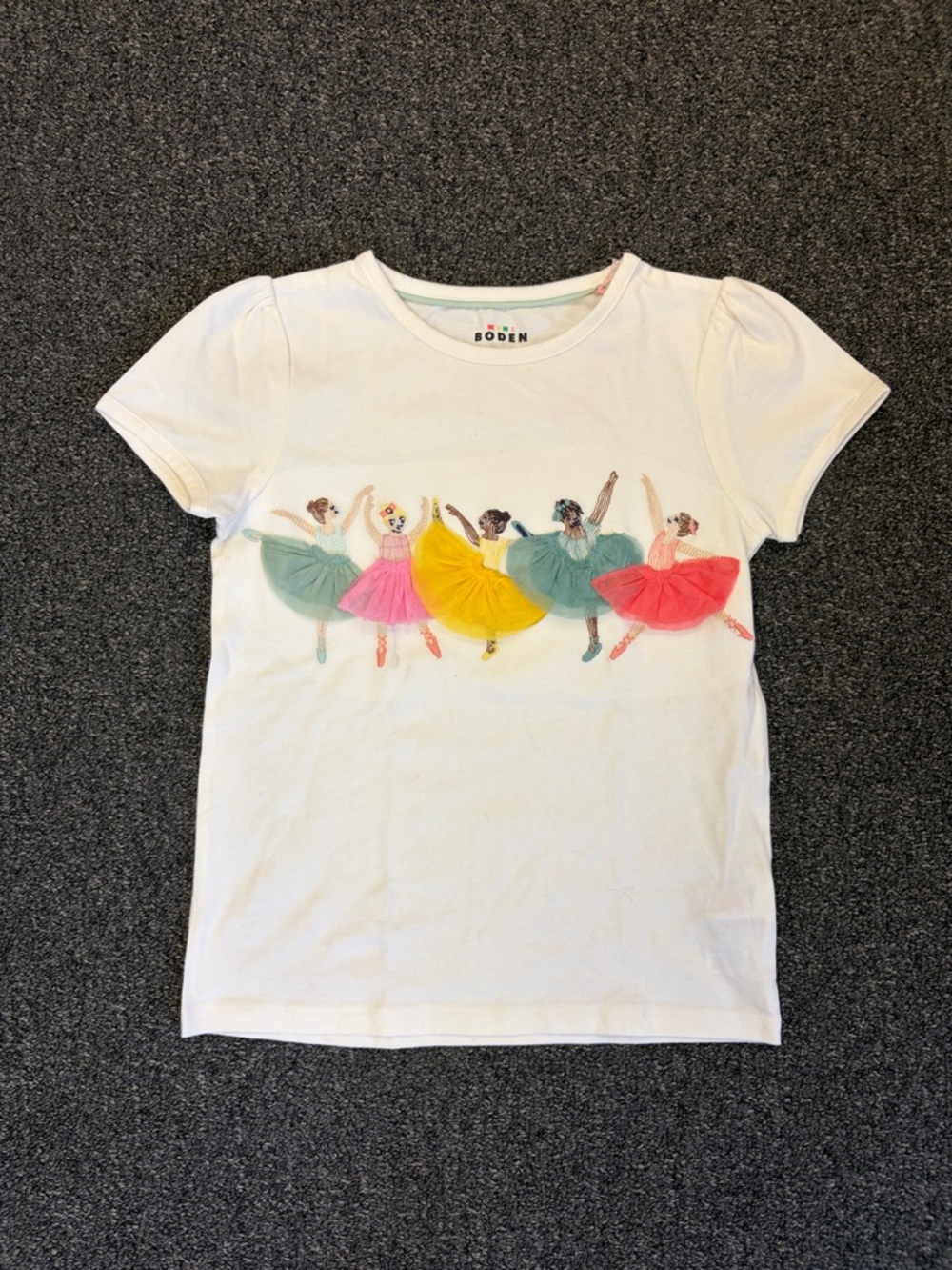 Boden White Tee with Colorful Ballerina Tulle Appliqués